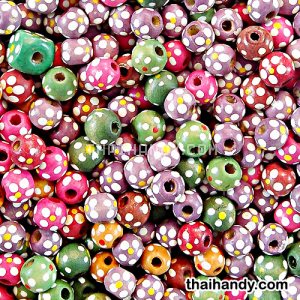 ลูกปัดไม้ ลายจุด ขนาด 6-8 mm  บรรจุ 100 กรัม สีคละสี รูปเต็ม