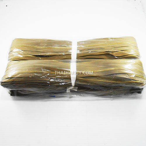 รางผ้าซิปเฉพาะรางซิป ฟันเหล็ก ขนาดเบอร์ 3 ฟันสีทองเหลือง บรรจุ 100 หลา สีกากีเข้ม รูปเต็ม