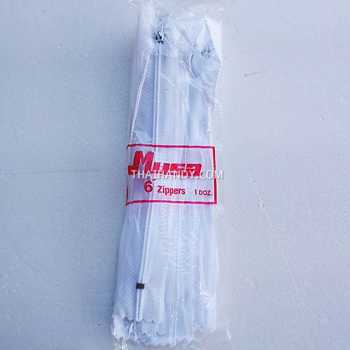 รางผ้าซิปสำเร็จรูป ฟันไนลอน ขนาดเบอร์ 3 ยาว 6 นิ้ว บรรจุ 12 ชุด สีขาว รูปเต็ม