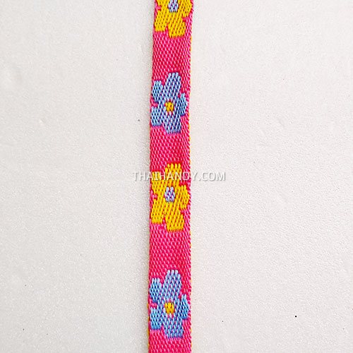 สายผ้า-ผ้ากุ๊น Cotton (ฝ้าย) การ์ตูน 2 หน้า ขนาด 3 หุน (1 cm) บรรจุ 1 เมตร สีชมพูเหลืองดอกไม้ รูปเต็ม